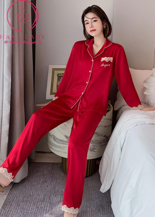 Pijama lụa tơ trơn phối ren cao cấp PJ465 22