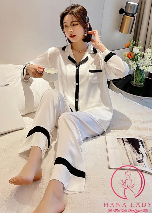 Pijama lụa tơ trơn phối viền đen cao cấp PJ468 16