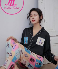 Pijama lụa tơ cao cấp họa tiết phối hình hiện đại PJ054 4 Pijama lụa tơ cao cấp họa tiết phối hình hiện đại PJ054 11