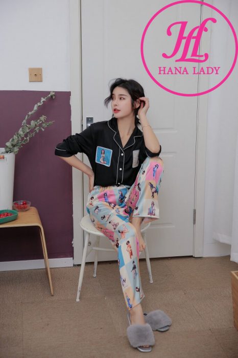 Pijama lụa tơ cao cấp họa tiết phối hình hiện đại PJ054 9 Pijama lụa tơ cao cấp họa tiết phối hình hiện đại PJ054 16
