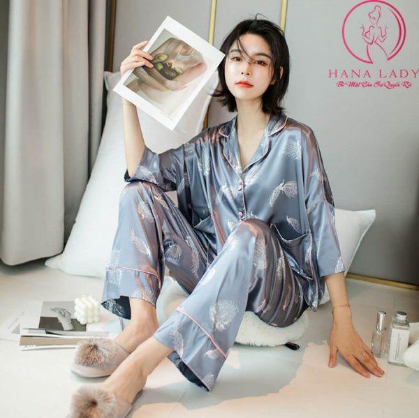 Pijama lụa tơ cánh tiên cao cấp họa tiết chim công sang chảnh PJ476 5 Pijama lụa tơ cánh tiên cao cấp họa tiết chim công sang chảnh PJ476 8