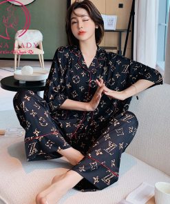 Pijama đồ ngủ lụa tơ cánh tiên cao cấp họa tiết chanel đen sang chảnh PJ472 15