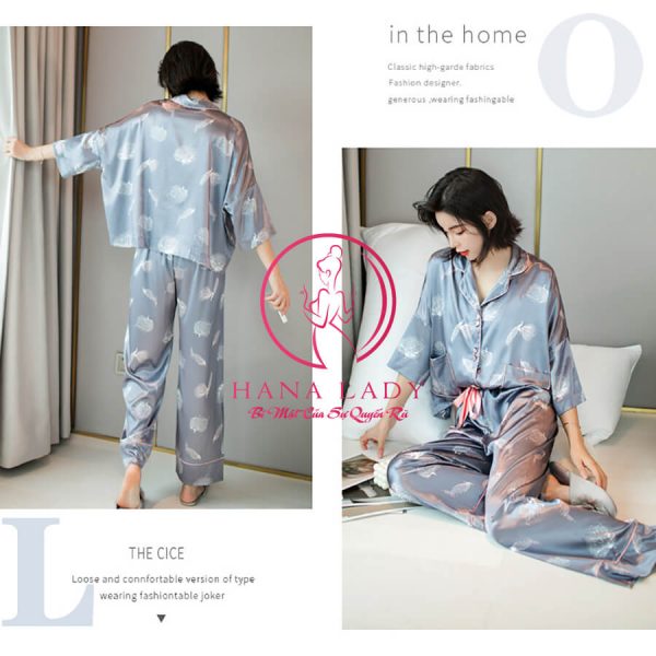 Pijama lụa tơ cánh tiên cao cấp họa tiết chim công sang chảnh PJ476 7 Pijama lụa tơ cánh tiên cao cấp họa tiết chim công sang chảnh PJ476 10
