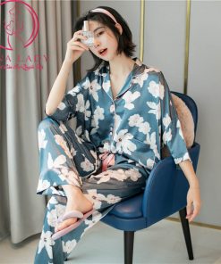 Pijama lụa tơ cao cấp họa tiết hoa cánh tiên PJ471 11