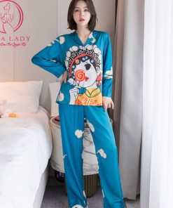 Pijama lụa tơ họa tiết cổ trang xanh cao cấp PJ479 10