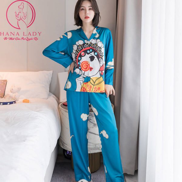 Pijama lụa tơ họa tiết cổ trang xanh cao cấp PJ479 12