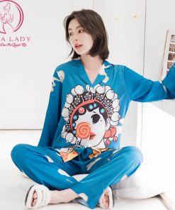 Pijama lụa tơ họa tiết cổ trang xanh cao cấp PJ479 9