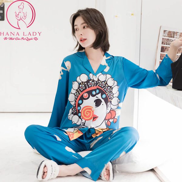Pijama lụa tơ họa tiết cổ trang xanh cao cấp PJ479 13
