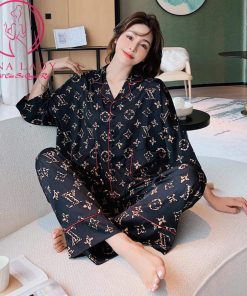 Pijama đồ ngủ lụa tơ cánh tiên cao cấp họa tiết chanel đen sang chảnh PJ472 11
