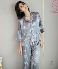 Pijama lụa tơ cánh tiên cao cấp họa tiết chim công sang chảnh PJ476 3 Pijama lụa tơ cánh tiên cao cấp họa tiết chim công sang chảnh PJ476 6