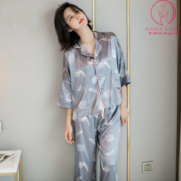 Pijama lụa tơ cánh tiên cao cấp họa tiết chim công sang chảnh PJ476 6 Pijama lụa tơ cánh tiên cao cấp họa tiết chim công sang chảnh PJ476 9
