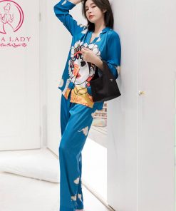 Pijama lụa tơ họa tiết cổ trang xanh cao cấp PJ479 11