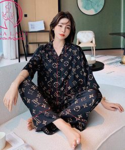 Pijama đồ ngủ lụa tơ cánh tiên cao cấp họa tiết chanel đen sang chảnh PJ472 12