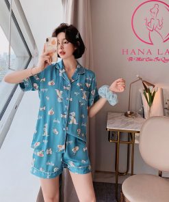 Pijama lụa tơ cao cấp họa tiết voi xanh PJ488 13