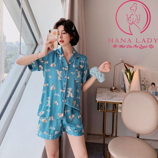 Pijama lụa tơ cao cấp họa tiết voi xanh PJ488 15