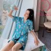 Pijama lụa tơ cao cấp họa tiết voi xanh PJ488 1 Pijama lụa tơ cao cấp họa tiết voi xanh PJ488 1