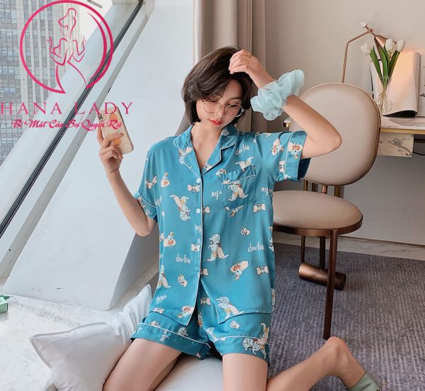 Pijama lụa tơ cao cấp họa tiết voi xanh PJ488 14