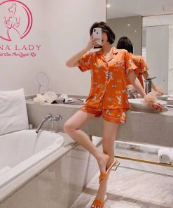 Pijama lụa tơ cao cấp họa tiết voi cam PJ487 5 Pijama lụa tơ cao cấp họa tiết voi cam PJ487 11