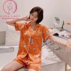 Pijama lụa tơ cao cấp họa tiết voi cam PJ487 1 Pijama lụa tơ cao cấp họa tiết voi cam PJ487 1
