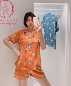 Pijama lụa tơ cao cấp họa tiết voi cam PJ487 7 Pijama lụa tơ cao cấp họa tiết voi cam PJ487 13