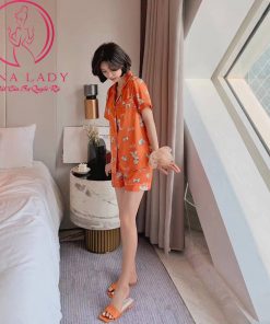 Pijama lụa tơ cao cấp họa tiết voi cam PJ487 6 Pijama lụa tơ cao cấp họa tiết voi cam PJ487 12