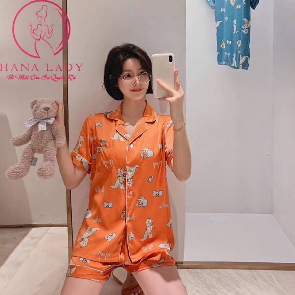 Pijama lụa tơ cao cấp họa tiết voi cam PJ487 9 Pijama lụa tơ cao cấp họa tiết voi cam PJ487 15