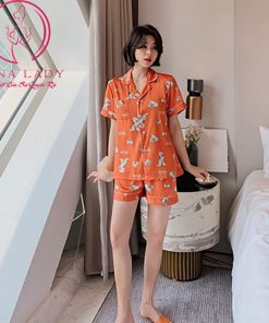 Pijama lụa tơ cao cấp họa tiết voi cam PJ487 3 Pijama lụa tơ cao cấp họa tiết voi cam PJ487 9