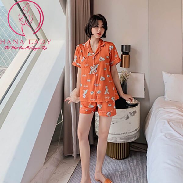 Pijama lụa tơ cao cấp họa tiết voi cam PJ487 8 Pijama lụa tơ cao cấp họa tiết voi cam PJ487 14