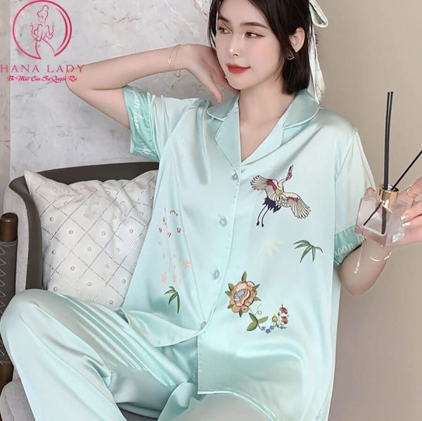 Pijama lụa họa tiết chim hạc cao cấp PJ497 12