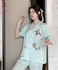 Pijama lụa họa tiết chim hạc cao cấp PJ497 7
