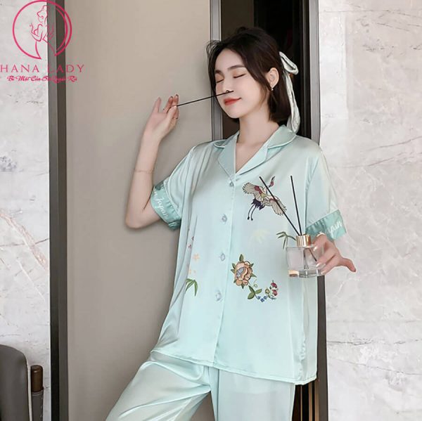 Pijama lụa họa tiết chim hạc cao cấp PJ497 11