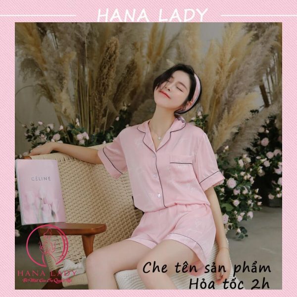 Pijama lụa họa tiết chữ hồng PJ514 11