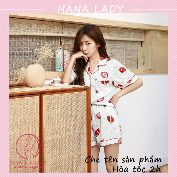 Pijama lụa tơ họa tiết dâu đáng yêu PJ516 15