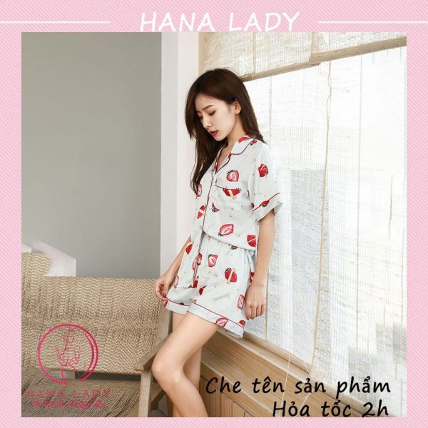 Pijama lụa tơ họa tiết dâu đáng yêu PJ516 14