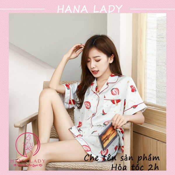 Pijama lụa tơ họa tiết dâu đáng yêu PJ516 12