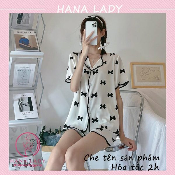 Đồ ngủ pijama lụa cao cấp họa tiết nơ tay cộc PJ517 9 Đồ ngủ pijama lụa cao cấp họa tiết nơ tay cộc PJ517 13
