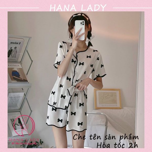Đồ ngủ pijama lụa cao cấp họa tiết nơ tay cộc PJ517 12