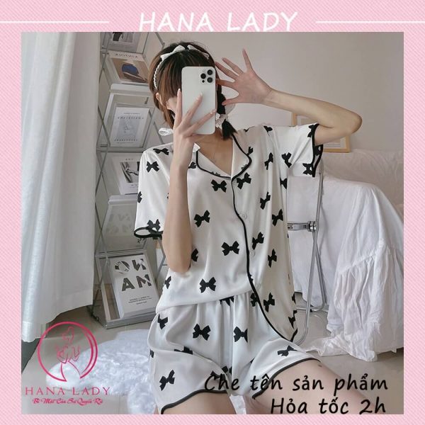 Đồ ngủ pijama lụa cao cấp họa tiết nơ tay cộc PJ517 11