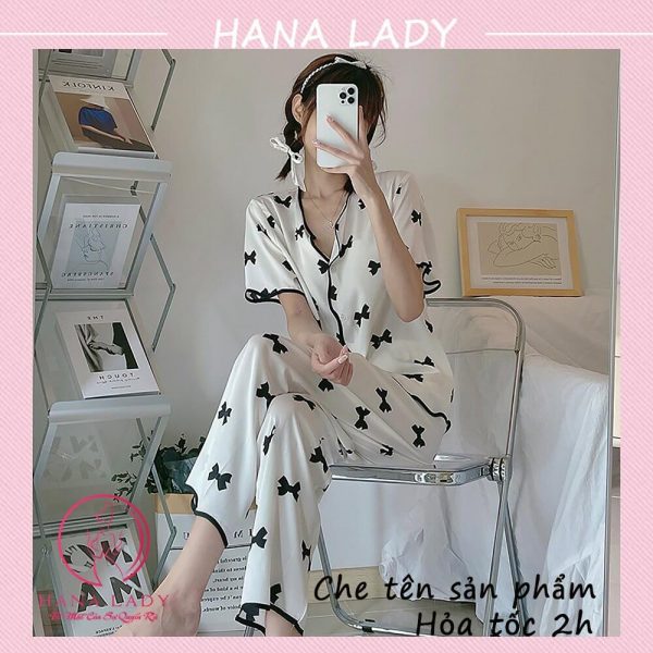Đồ ngủ pijama lụa họa tiết nơ cao cấp PJ519 16