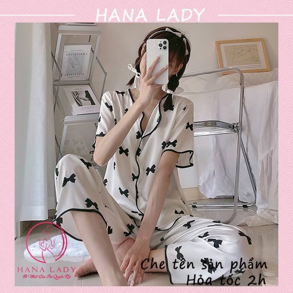 Đồ ngủ pijama lụa họa tiết nơ cao cấp PJ519 14