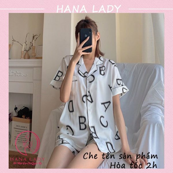 Đồ ngủ pijama lụa họa tiết chữ mặc nhà tay cộc năng động PJ521 13