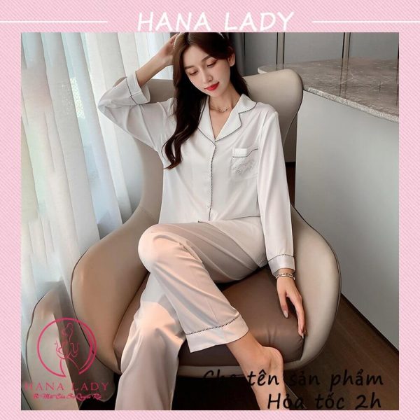 Pijama lụa viền kết cườm cao cấp, đồ ngủ mặc nhà tay dài mềm mại PJ522 30