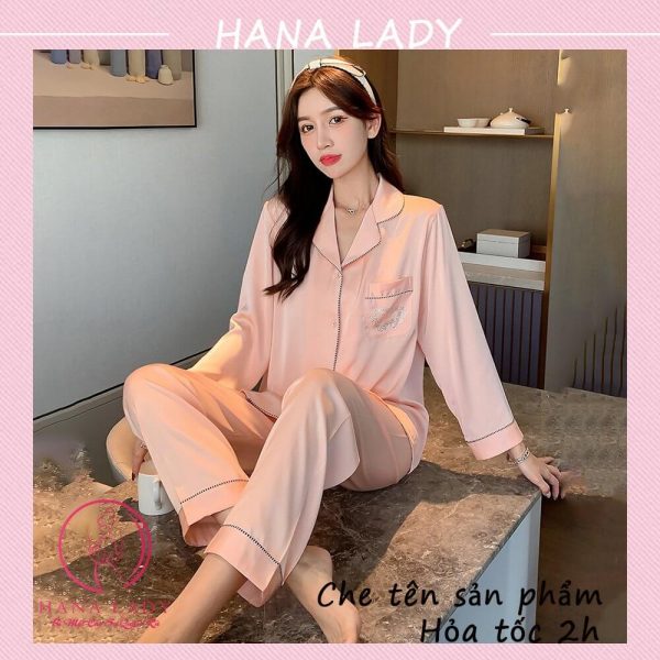 Pijama lụa viền kết cườm cao cấp, đồ ngủ mặc nhà tay dài mềm mại PJ522 26
