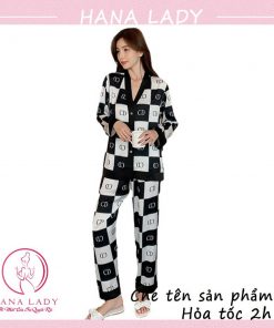 Pijama lụa tơ cổ V mặc nhà chức năng cao cấp họa tiết chữ PJ524B 8 Pijama lụa tơ cổ V mặc nhà chức năng cao cấp họa tiết chữ PJ524B 15