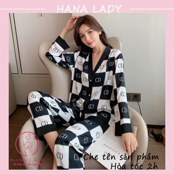 Pijama lụa tơ cổ V mặc nhà chức năng cao cấp họa tiết chữ PJ524B 21
