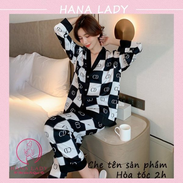 Pijama lụa tơ cổ V mặc nhà chức năng cao cấp họa tiết chữ PJ524B 20