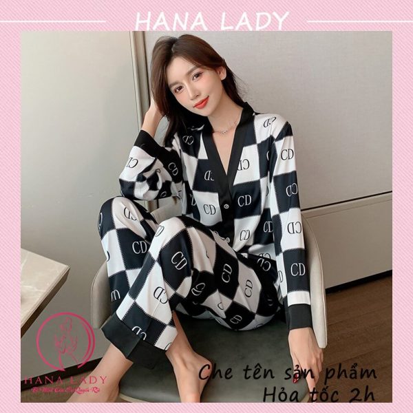 Pijama lụa tơ cổ V mặc nhà chức năng cao cấp họa tiết chữ PJ524B 19
