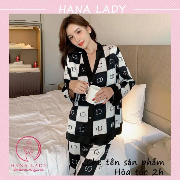 Pijama lụa tơ cổ V mặc nhà chức năng cao cấp họa tiết chữ PJ524B 18