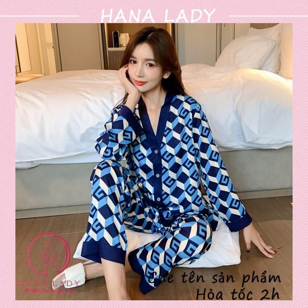 Đồ mặc nhà pijama lụa nhám họa tiết G tay dài cao cấp PJ524BL 4 Đồ mặc nhà pijama lụa nhám họa tiết G tay dài cao cấp PJ524BL 6