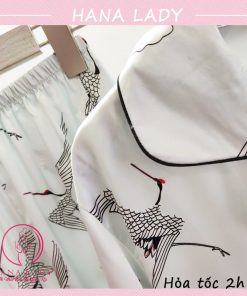 Pijama lụa tay dài họa tiết chim hạc cao cấp trắng PJ538 7